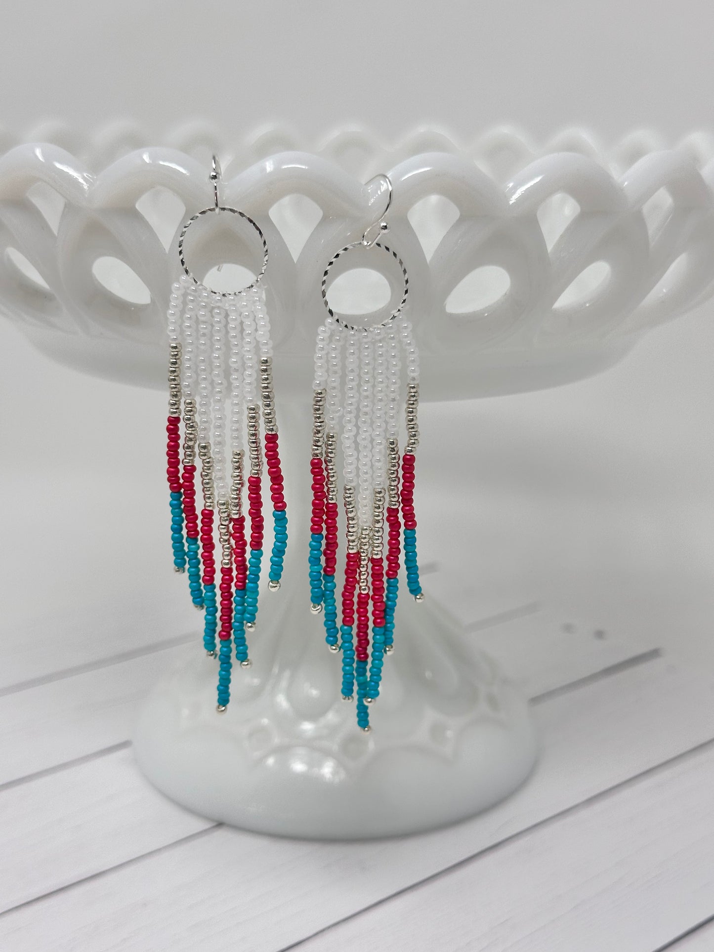 Red and Teal Beaded Earrings