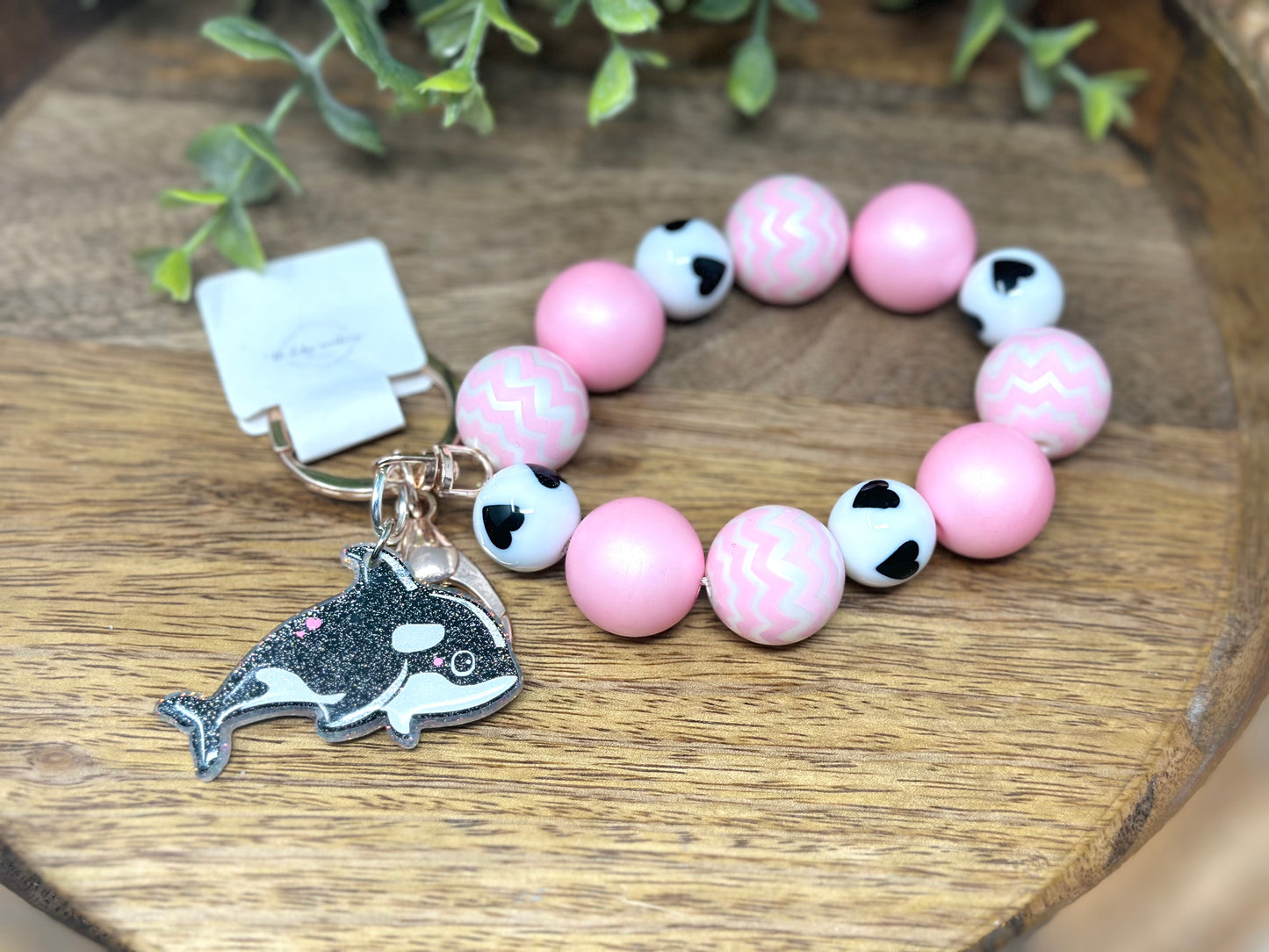 Pink and Black Bubblegum Bead Wristlet with Whale