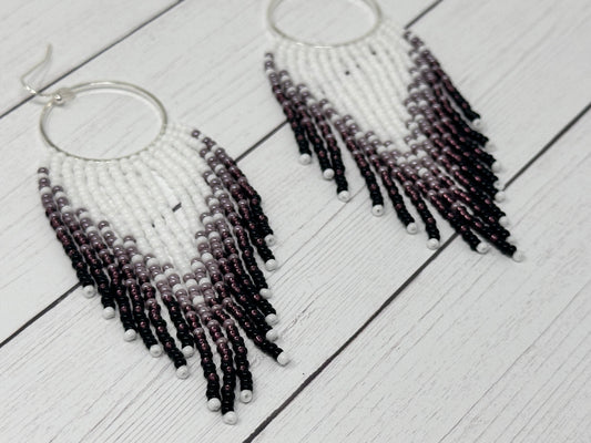 Burgundy and White Beaded Earrings