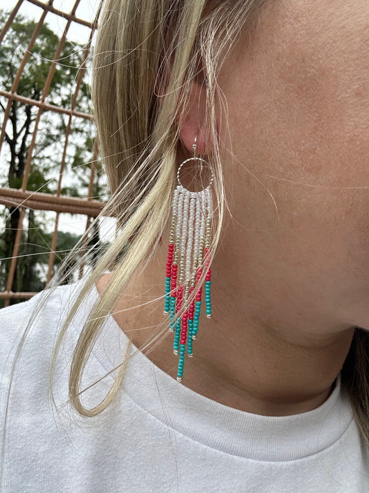 Red and Teal Beaded Earrings