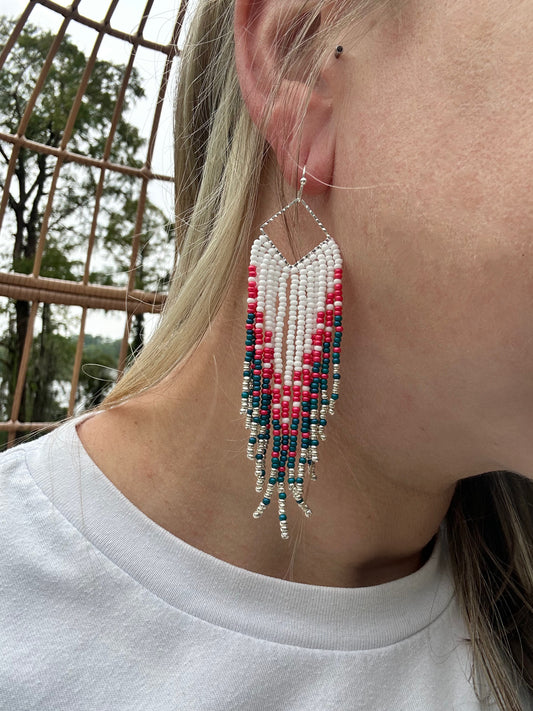 Teal and Red Beaded Earrings